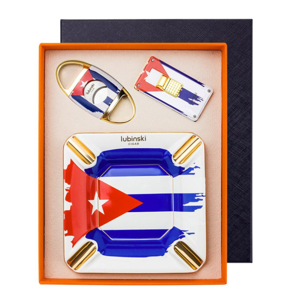 Yeuligo Cigar Tools Suit Windproof Direct Punch Lighter Ceramic Ashtray Double Blade Scissors Three-Piece Gift Box