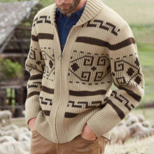 (L) Men's Khaki Zip Cardigan Jacquard Knitted Jumper