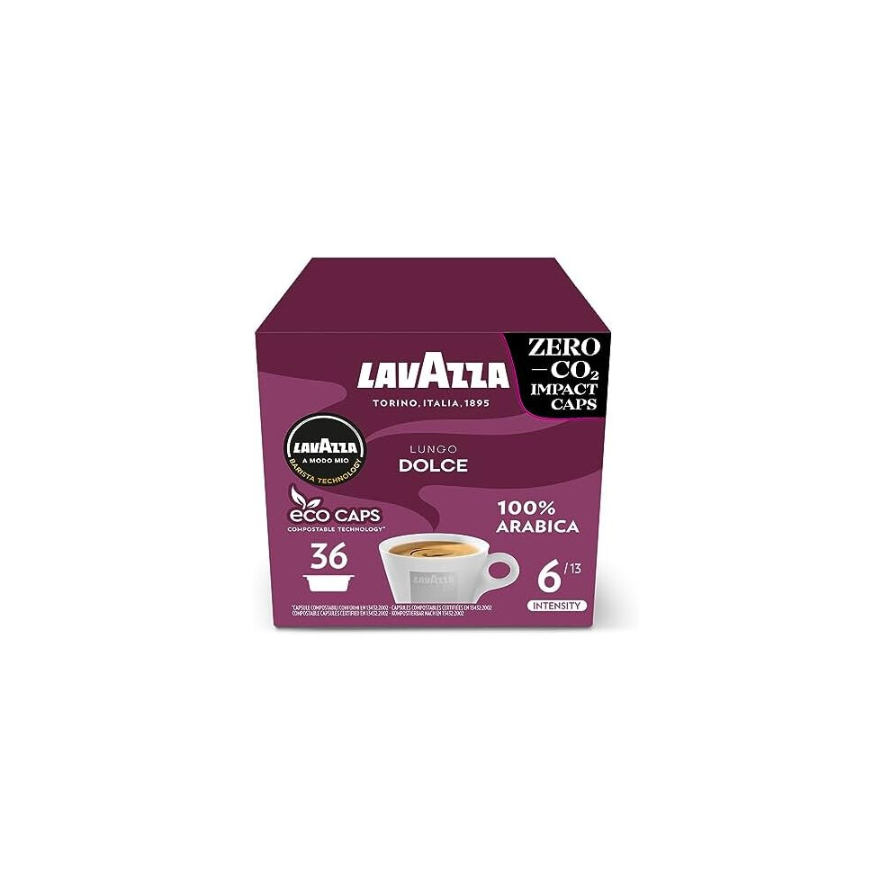 Lavazza A Modo Mio Lungo Dolce, Coffee Capsules, 100% Arabica, Sweet  Intensity 6/13, Medium Roasting, Perfect for a 40ml Espresso,36 Espresso Pods