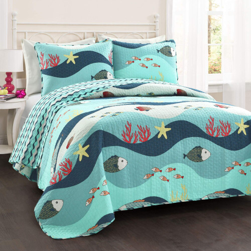 Lush Decor Sea Life Stripe 3 Τεμ. Κουβέρτα Σετ | Θάλασσα Ψάρι Κρεβατοκάμαρας, Full/Queen, Μπλε