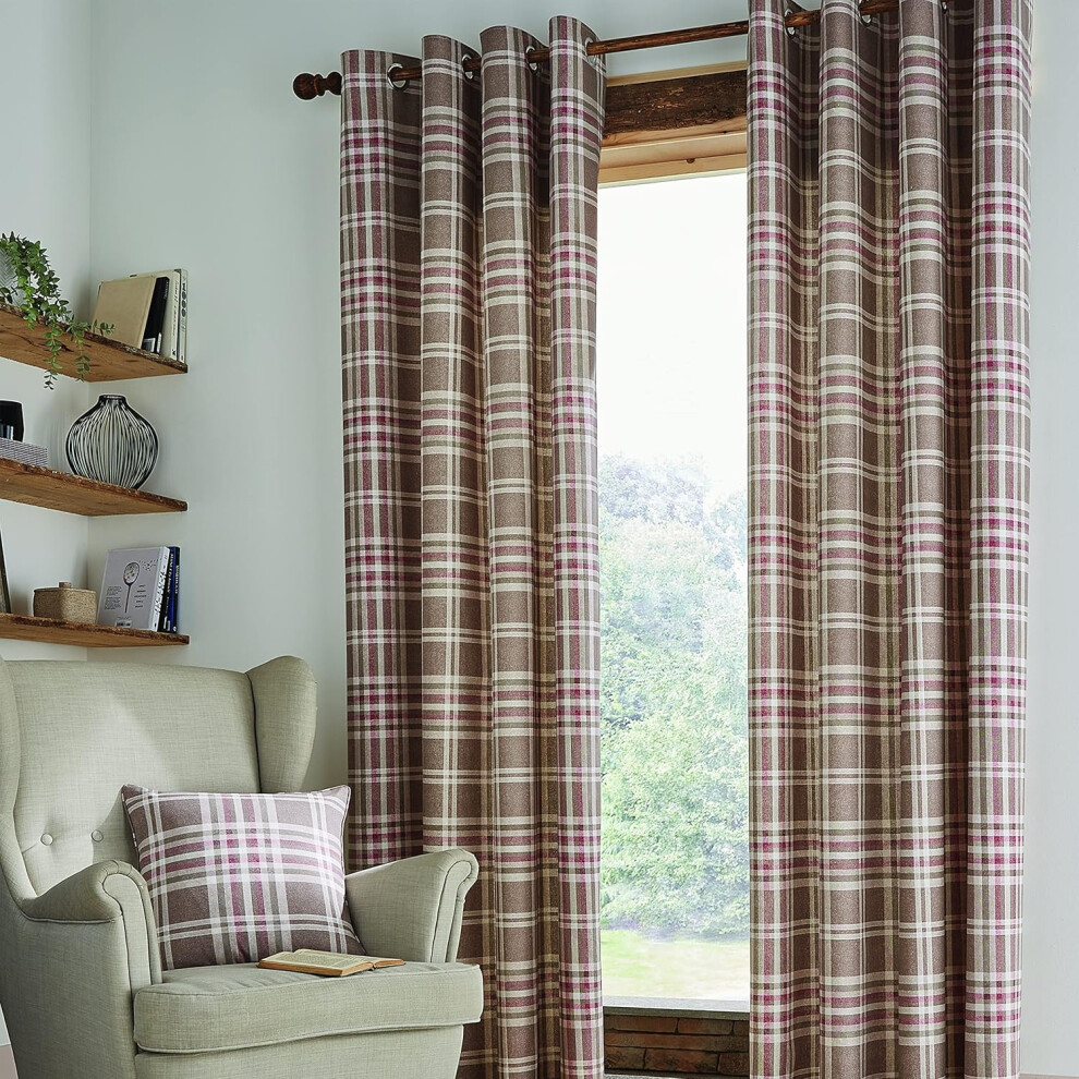 Catherine Lansfield Tweed Woven Check Eyelet 66x72 Inch Curtains Natural