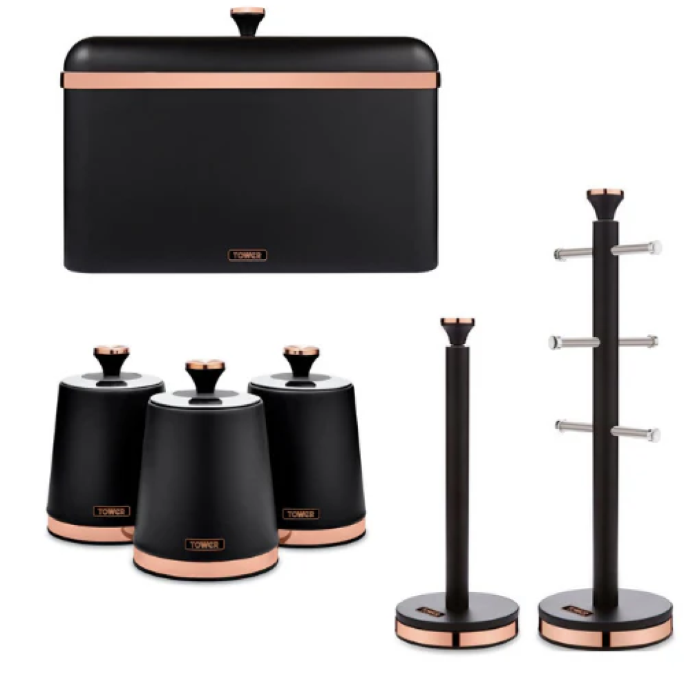 Tower Cavaletto Black 6pc Kitchen Set Bread Bin Canisters Towel Pole