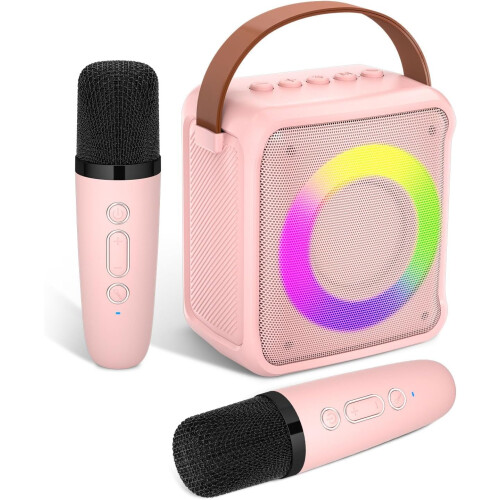 Portable Karaoke Machine with LED Lights & 2 Wireless Mics - Pink