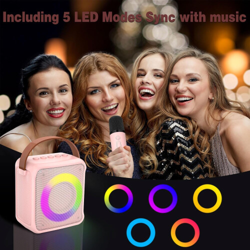Portable Karaoke Machine with LED Lights & 2 Wireless Mics - Pink 2