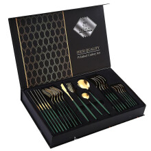 (Dark green gold) Cutlery Set 24 Piece Stainless Steel Flatware Boxed Matte
