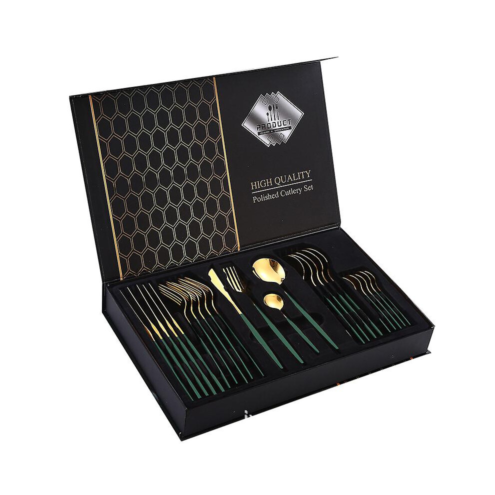 ( Gold) Cutlery Set 24 Piece Stainless Steel Flatware Boxed Matte Dark/Green/Gold