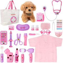 Pink Kids Doctor & Vet Set - Medical Kit with Plush Dog & Costume, 3-6