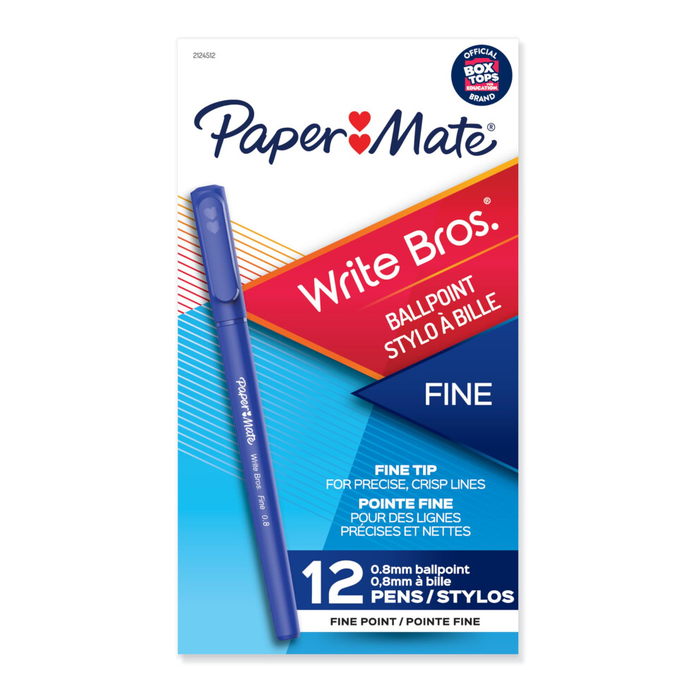 Paper Mate Write Bros Ballpoint Pens, Fine Point (0.8mm), Blue, 12 Count