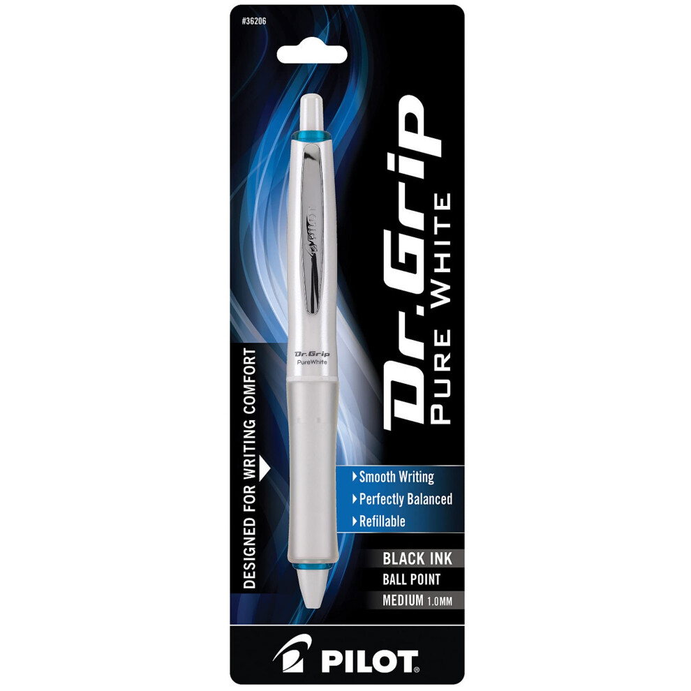Pilot Dr. Grip Retractable Ballpoint Pen, Medium Point, 1.0 mm, White Barrel, Black Ink