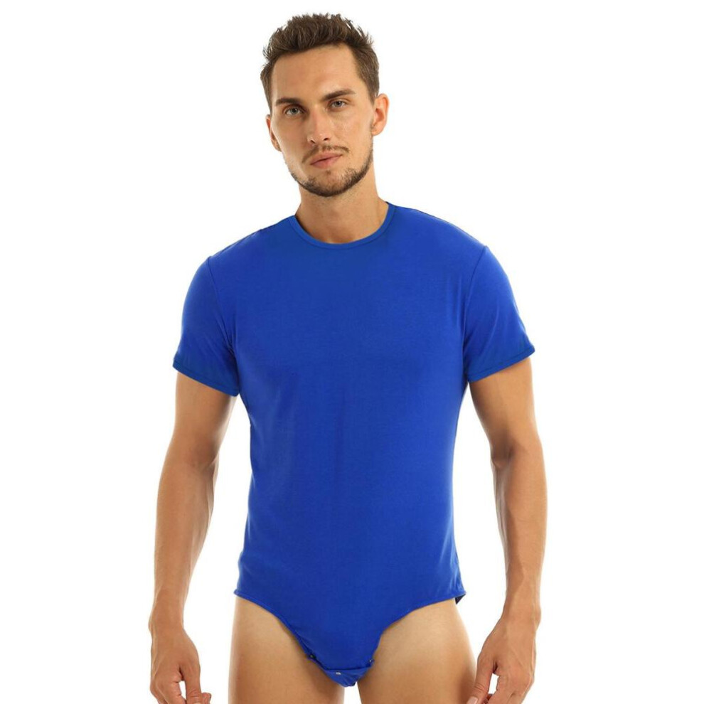 (blue, M) Men Adults One Piece Shaper Romper Lingerie Party Clubwear Round Neck Short Sleeves T-shirt Bodysuit