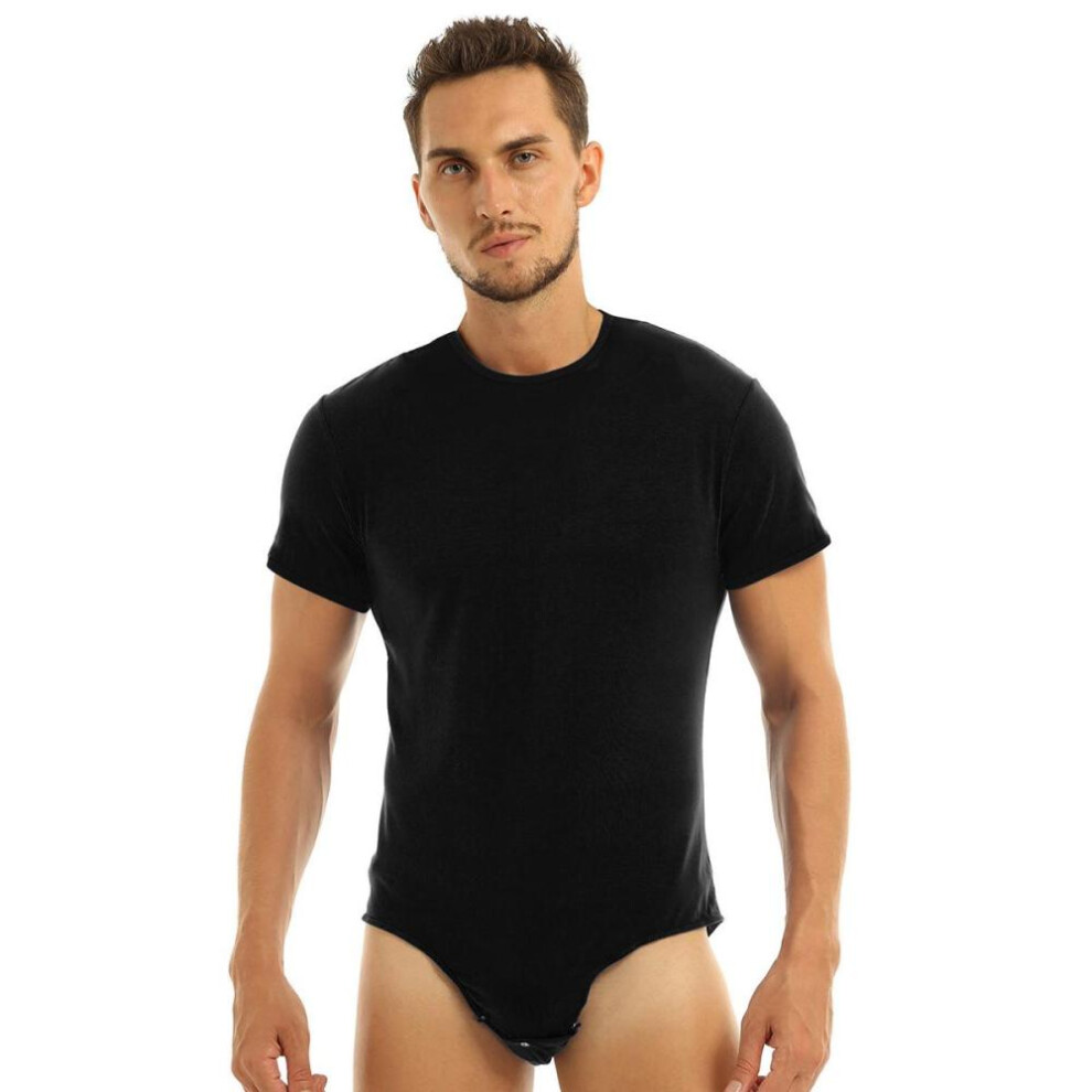 (black, L) Men Adults One Piece Shaper Romper Lingerie Party Clubwear Round Neck Short Sleeves T-shirt Bodysuit