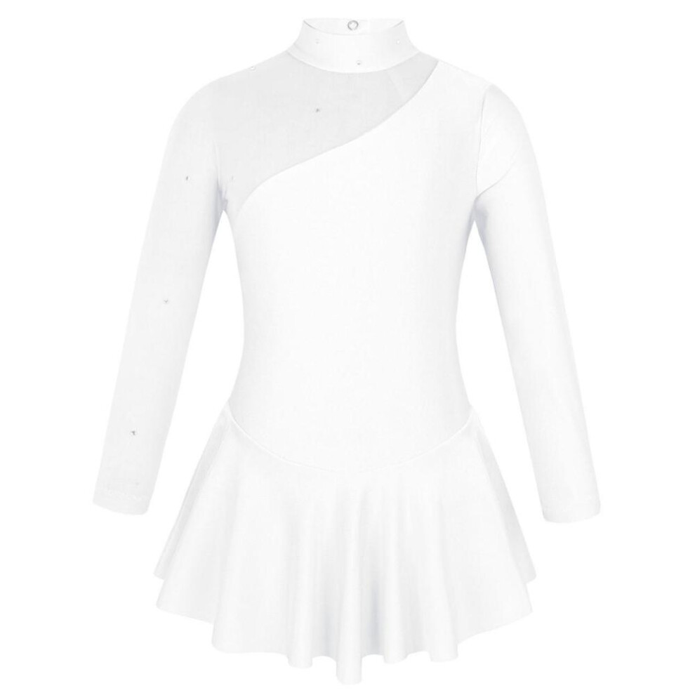 (white, 7-8 Years) Kids Girls Ballroom Skater Dress Tulle Long Sleeve Gymnastics Leotard Ballet Dance Skirt Costume