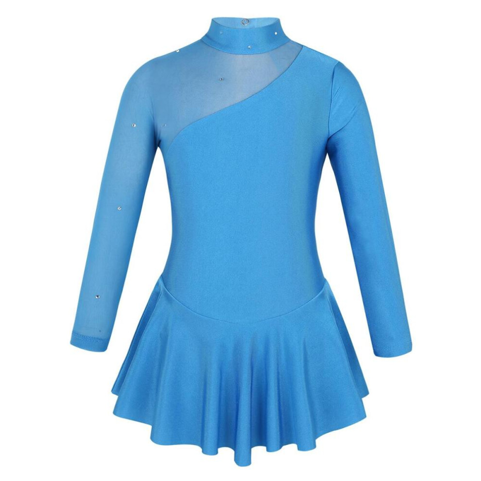 (blue, 11-12 Years) Kids Girls Ballroom Skater Dress Tulle Long Sleeve Gymnastics Leotard Ballet Dance Skirt Costume