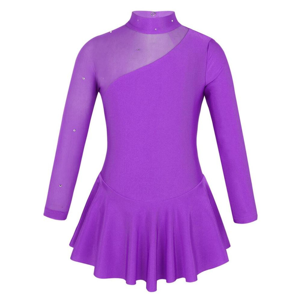 (purple, 9-10 Years) Kids Girls Ballroom Skater Dress Tulle Long Sleeve Gymnastics Leotard Ballet Dance Skirt Costume