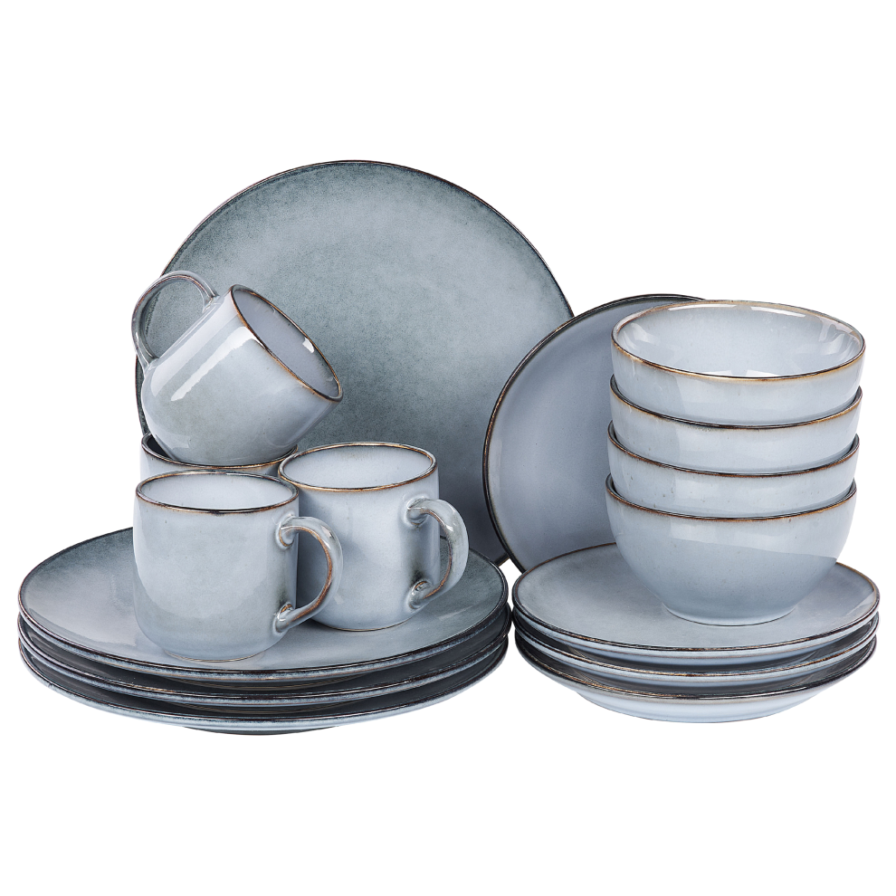 Set of 16 Dinnerware JUNIPER Stoneware Light Blue