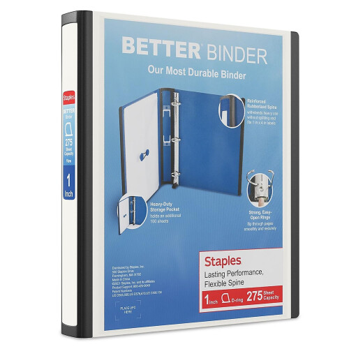 1" STAPLES Better View Binder with D-Rings, White
