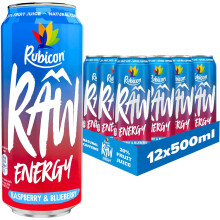 Rubicon RAW Raspberry & Blueberry 500ml Energy Drink (12 Pack) - Natural Caffeine, 20% Fruit Juice, B-Vitamins, Guarana & Ginseng - Energy Drinks