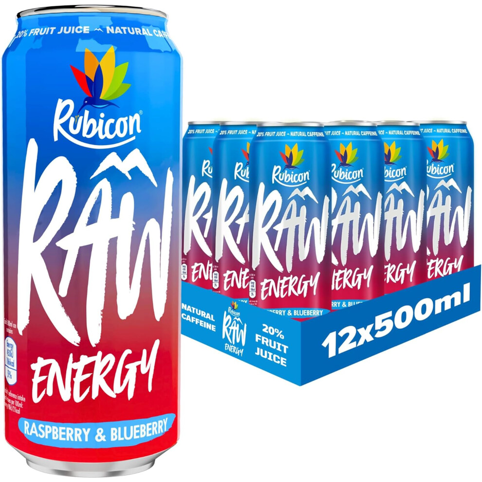 Rubicon Raw Raspberry & Blueberry 500Ml Energy Drink (12 Pack) - Natural Caffeine, 20% Fruit Juice, B-Vitamins, Guarana & Ginseng - Energy Drinks