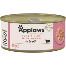 Applaws 100% Natural Wet Cat Food Tins, Tuna Fillet with Prawn in Broth 70 g for Adult Cats (24 x 70 g Tins)