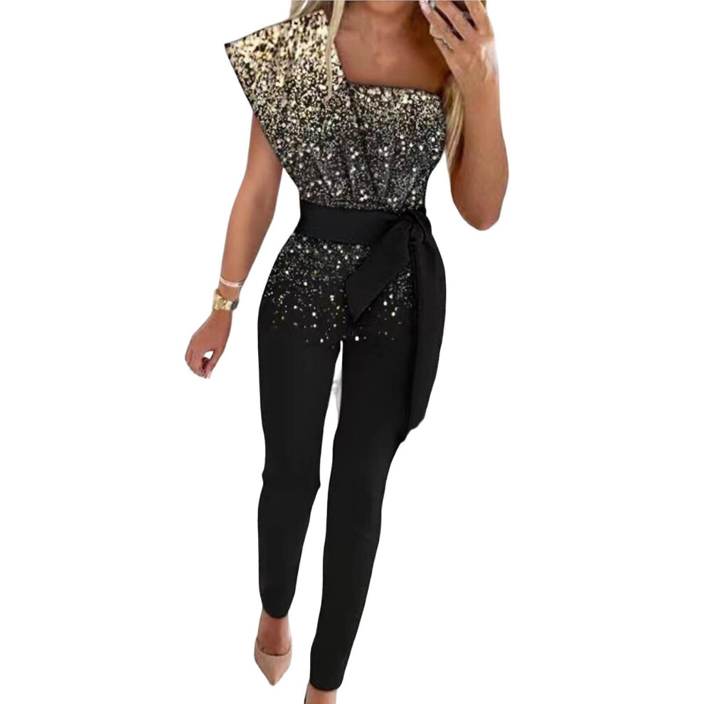 (Cool Black, L) Bandeau High Waist Lace-up Long Pants Women Jumpsuit Sequin Patchwork One Shoulder Party Jumpsuit-image-OPC-PFVVYQG-NEW