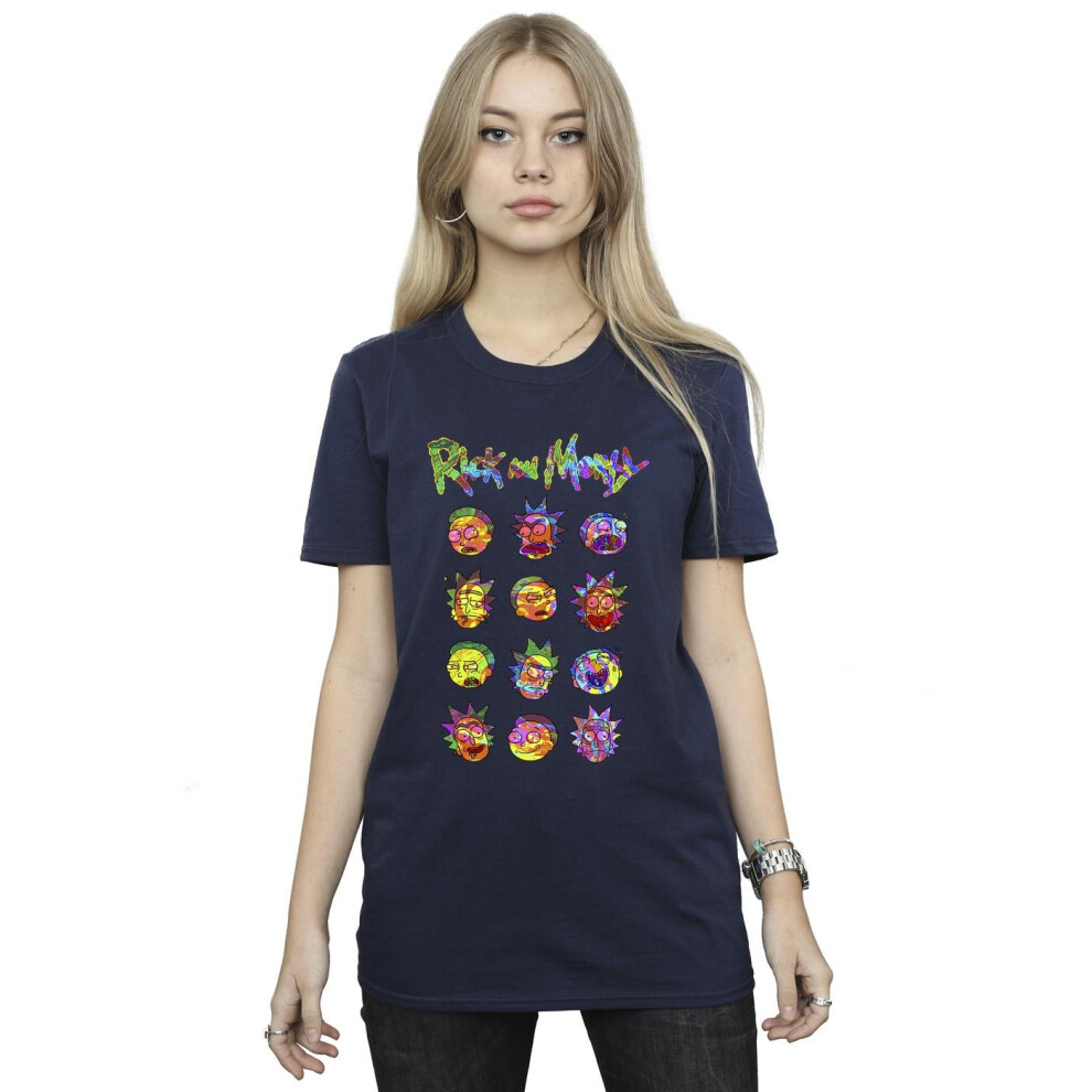 (3XL, Navy Blue) Rick And Morty Womens/Ladies Tie Dye Faces Cotton Boyfriend T-Shirt