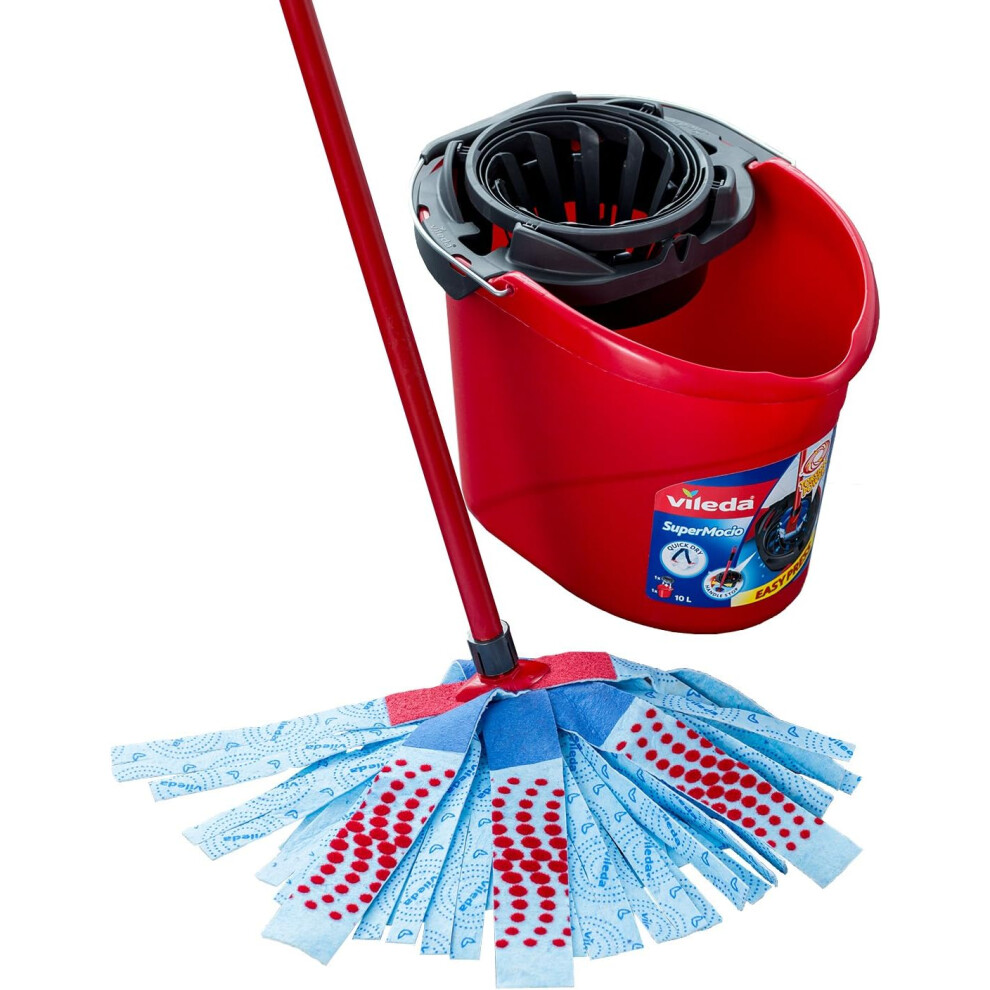 Vileda Supermocio XL Action Mop and Bucket Set, Red/Grey/Blue, 6 x 15 x 117 cm