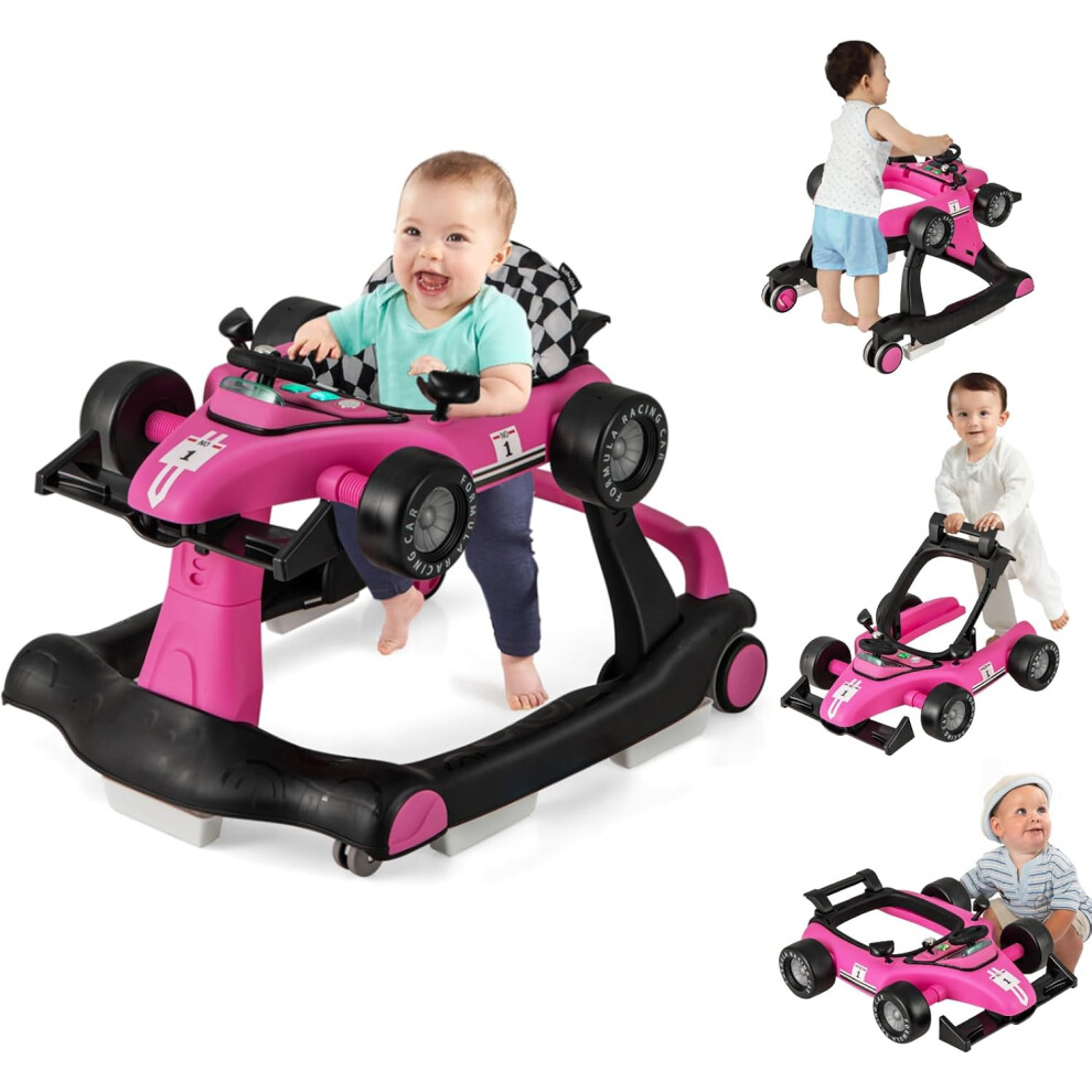 (Rose) Baby Walker, 4 in 1 Baby Sit and Stand Walker, Adjustable Height and Speed, Lockable Rear Wheels and Removable Seat Cushion, Suitable for 6-18 Months