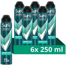 Sure Men Nonstop Protection Sensitive Anti-Perspirant Aerosol Deodorant Spray w/ Body Heat Activated for 72 hour sweat & odour protection 6x 250 ml