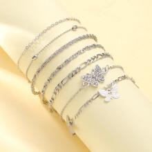 (AYA6156302) Bohemian Summer Beach Anklet Set For Women Vintage Silver Color Pearl Butterfly Star Heart Pendant
