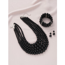 (AYAblack) Punk Pearl Jewelry Set for Women Multi Layered Imitation Pearl Choker Necklace Bracelet Drop Earring Set