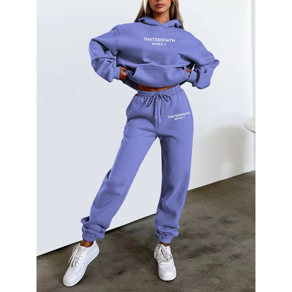 (Bright blue, S) Women's Letter Print Hoodie and Jogger Set Stylish Casual Fleece Loungewear Outfit