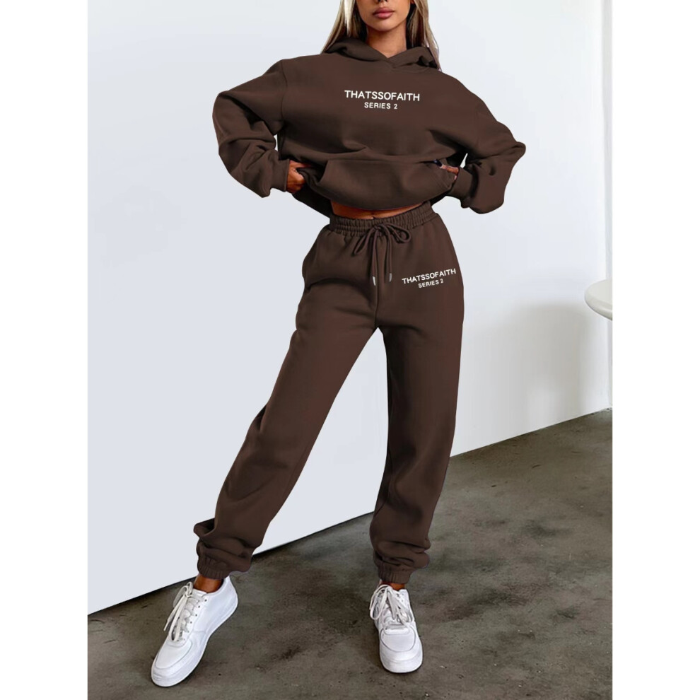 (Dark brown, XL) Women's Letter Print Hoodie and Jogger Set Stylish Casual Fleece Loungewear Outfit