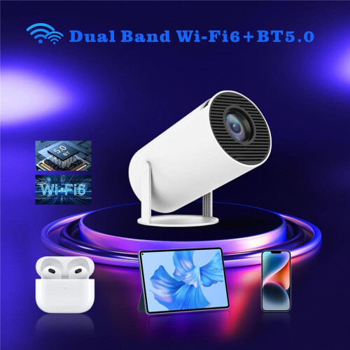 (White, 1pcs) Projector HY300 PRO 4K Android 11 Dual Wifi6 1