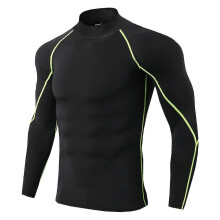 (L, black green line) Men's High-neck Fitness Long-sleeved Pro Sports Running Long-sleeved T-shirt Autumn And Winter Elastic Quick-drying Stand-up Collar