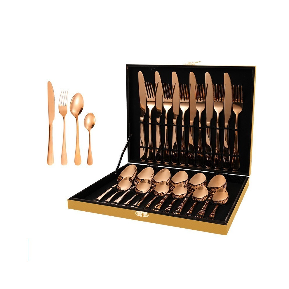 (Rose Gold) 24-piece steak knife and fork set, 24-piece dinner knife set