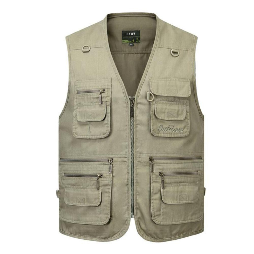 (khaki, XL) Men&apos;s Vest Casual Jacket Spring And Autumn Loose Style Cotton Multi-pocket Zipper Windproof Coat Collarless Sleeveless Jacket For Man