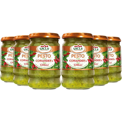 Sacla Italian Pesto Coriander Chilli Perfect with Pasta Noodles Beef Salmon Made with Fresh Coriander Leaves, Pine Nuts, Cheese and Chilli 190g Pack6