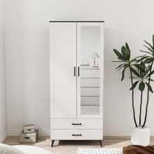 (Black White ) 180cm Mirror Wardrobe 2 Door 2 Drawer Bedroom Clothes Storage Hanging Rail