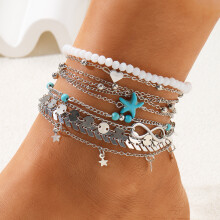 (AYASilver) 12Pcs/Set Bohemian Shell Beads Starfish Anklets Set for Women Retro Summer Beach Multilayers Foot Chain