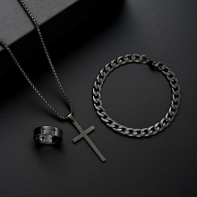 (Black) 3pcs Men's Fashion Stainless Steel Jewelry Set Gold Color Cross Necklace Adjustable Curb Chain Bracelet