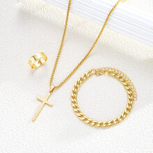 (Gold Color) 3pcs Men's Fashion Stainless Steel Jewelry Set Gold Color Cross Necklace Adjustable Curb Chain Bracelet