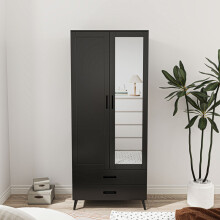 (Black) 180cm Mirror Wardrobe 2 Door 2 Drawer Bedroom Clothes Storage Hanging Rail
