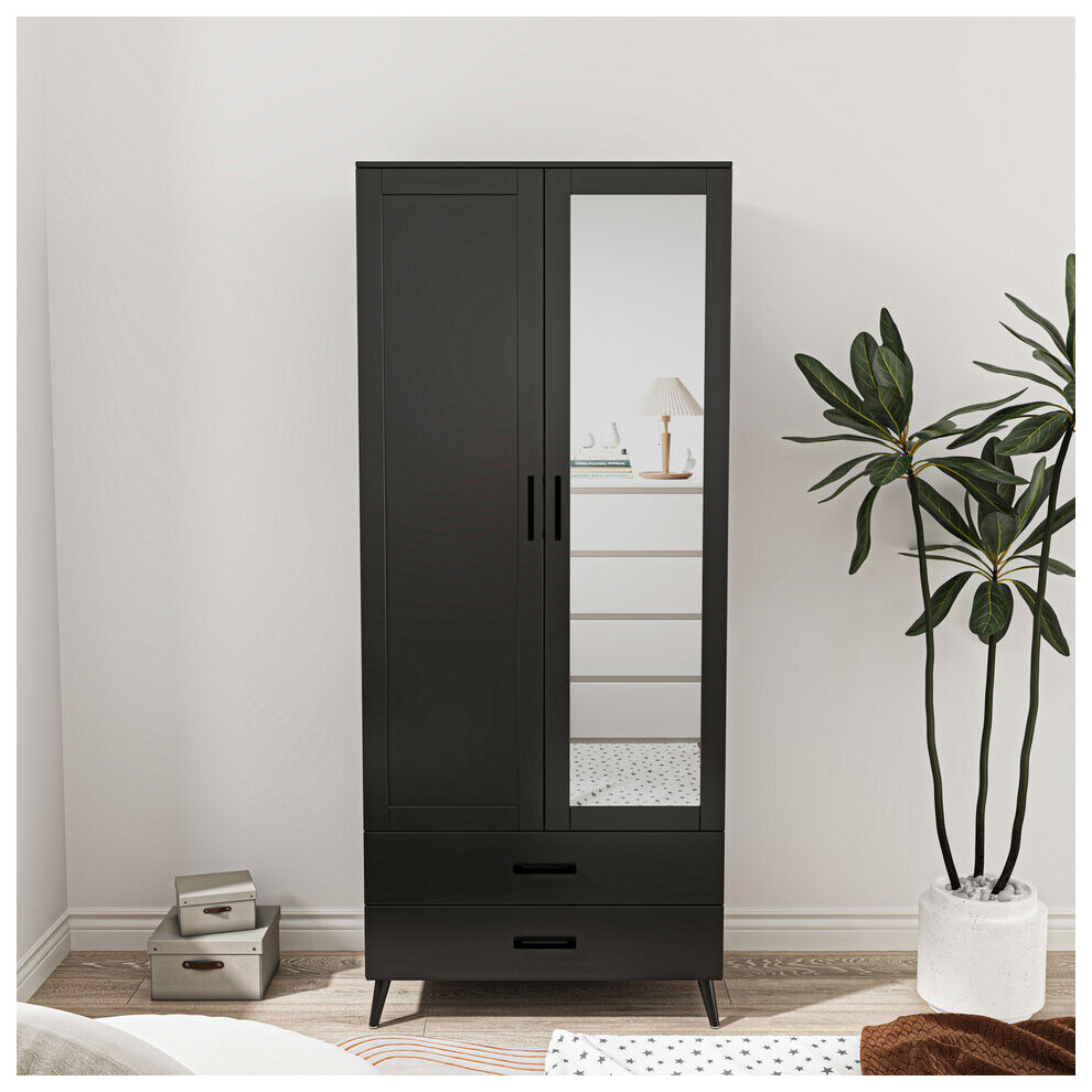 (Black) 180cm Mirror Wardrobe 2 Door 2 Drawer Bedroom Clothes Storage Hanging Rail-image-OPC-PFVWRWS-NEW