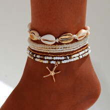 (AY6077901) New Boho Sea Shell Woven Anklet For Women Gold Color Star Bracelet On The