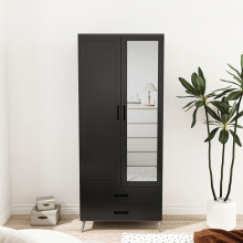 (Grey Black ) 180cm Mirror Wardrobe 2 Door 2 Drawer Bedroom Clothes Storage Hanging Rail