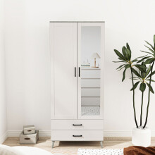 (Ash Grey White ) 180cm Mirror Wardrobe 2 Door 2 Drawer Bedroom Clothes Storage Hanging Rail