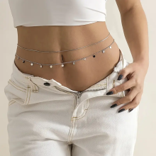 (AYA6074502) 2pcs Round Coin Shape Tassel Pendant Thin Waist Chain Simple Boho Double Layers Body Chain
