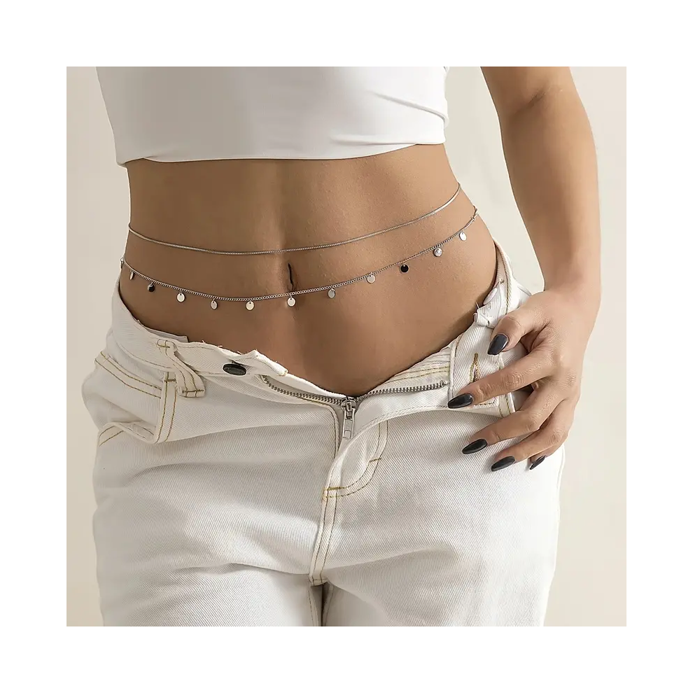 (AYA6074502) 2pcs Round Coin Shape Tassel Pendant Thin Waist Chain Simple Boho Double Layers Body Chain-image-OPC-PFVWSHH-NEW