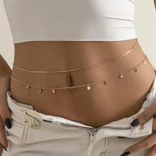 (AYA6074501) 2pcs Round Coin Shape Tassel Pendant Thin Waist Chain Simple Boho Double Layers Body Chain