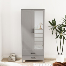 (Grey) 180cm Mirror Wardrobe 2 Door 2 Drawer Bedroom Clothes Storage Hanging Rail